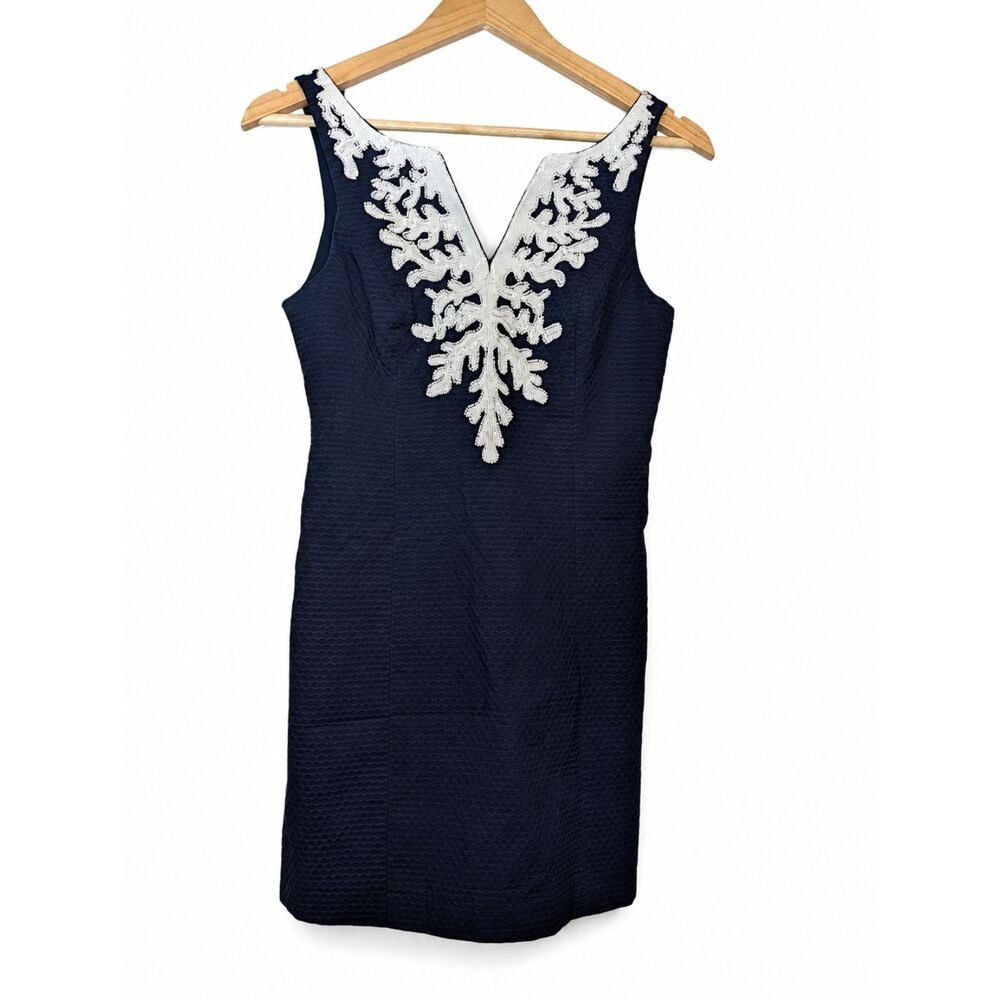 Lilly Pulitzer Navy Blue Dress with White Beaded Neckline Size 00
